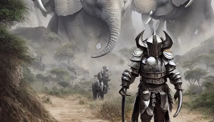 Image similar to A highly detailed matte painting of African ((((((((((((((((((((elephants))))))))))))))))))))) wearing battle armor!!!!!!!!!!!!!!!!!!!!!!!!!!!!!!!!!!!!!!!!!!!!!!!!!!!!!!!!!!!!!!! marching in snow mountain landscape by Studio Ghibli, Makoto Shinkai, by Artgerm, by beeple, by Greg Rutkowski, volumetric lighting, octane render, 4K resolution, trending on artstation, masterpiece