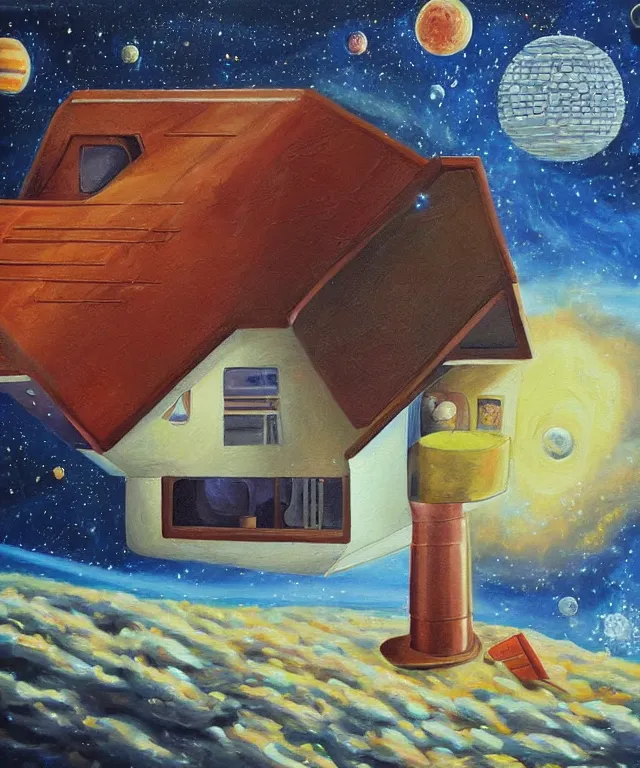 Prompt: a house in space, oil painting