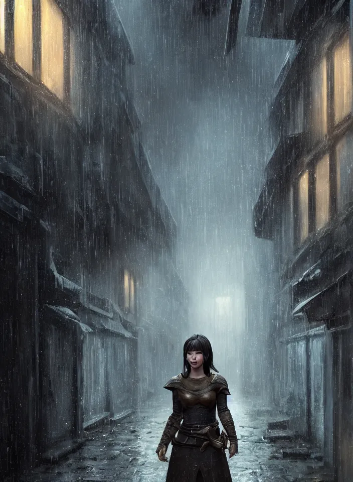 Image similar to a closeup portrait of an young woman from skyrim standing in an alleyway whilst raining, fantasy setting, city environment, serene colors, soft lighting, atmospheric, cinematic, moody, in the style of diego koi, gina heyer, luiz escanuela, art by alyssa monk, depth, hyperrealism, rule of thirds, golden ratio, oil on canvas, 8 k