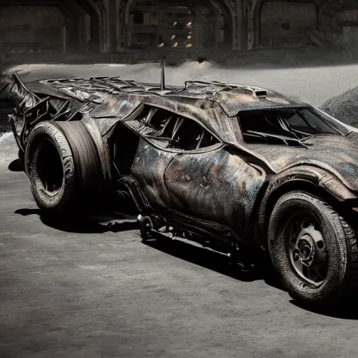 Image similar to the batmobile in mad max, au naturel, hyper detailed, digital art, trending in artstation, cinematic lighting, studio quality, smooth render, unreal engine 5 rendered, octane rendered, art style by klimt and nixeu and ian sprigger and wlop and krenz cushart