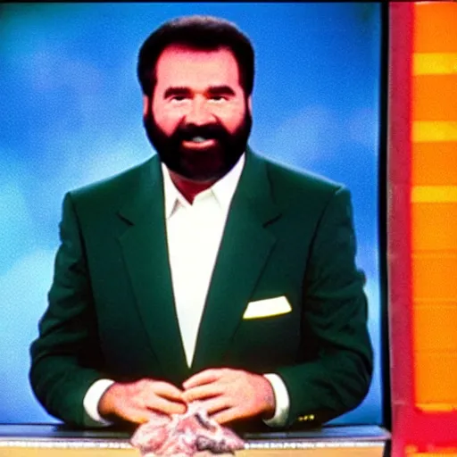 Prompt: Billy Mays hosting Jeopardy, VHS tape footage, 1991, the set of Jeopardy
