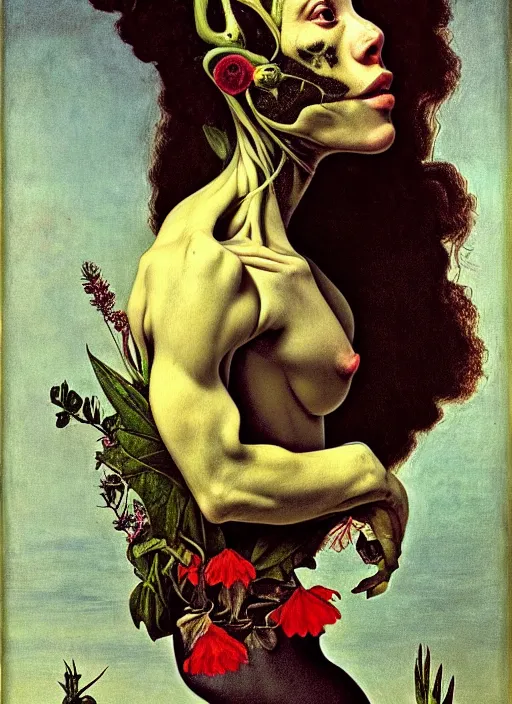 Image similar to beautiful rotten woman morphing into plants and many different types of beautiful flowers, muscles, organs, surreal, miguel angel, gustave courbet, caravaggio, romero ressendi