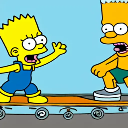 Image similar to bart simpson jumping over homer on his skateboard in the style of bill plympton 4 k