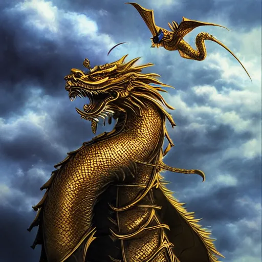 Prompt: Golden chinese dragon with black eyes flying among dark clouds, sunrays, high contrast, stephen Hickman and marc simonetti
