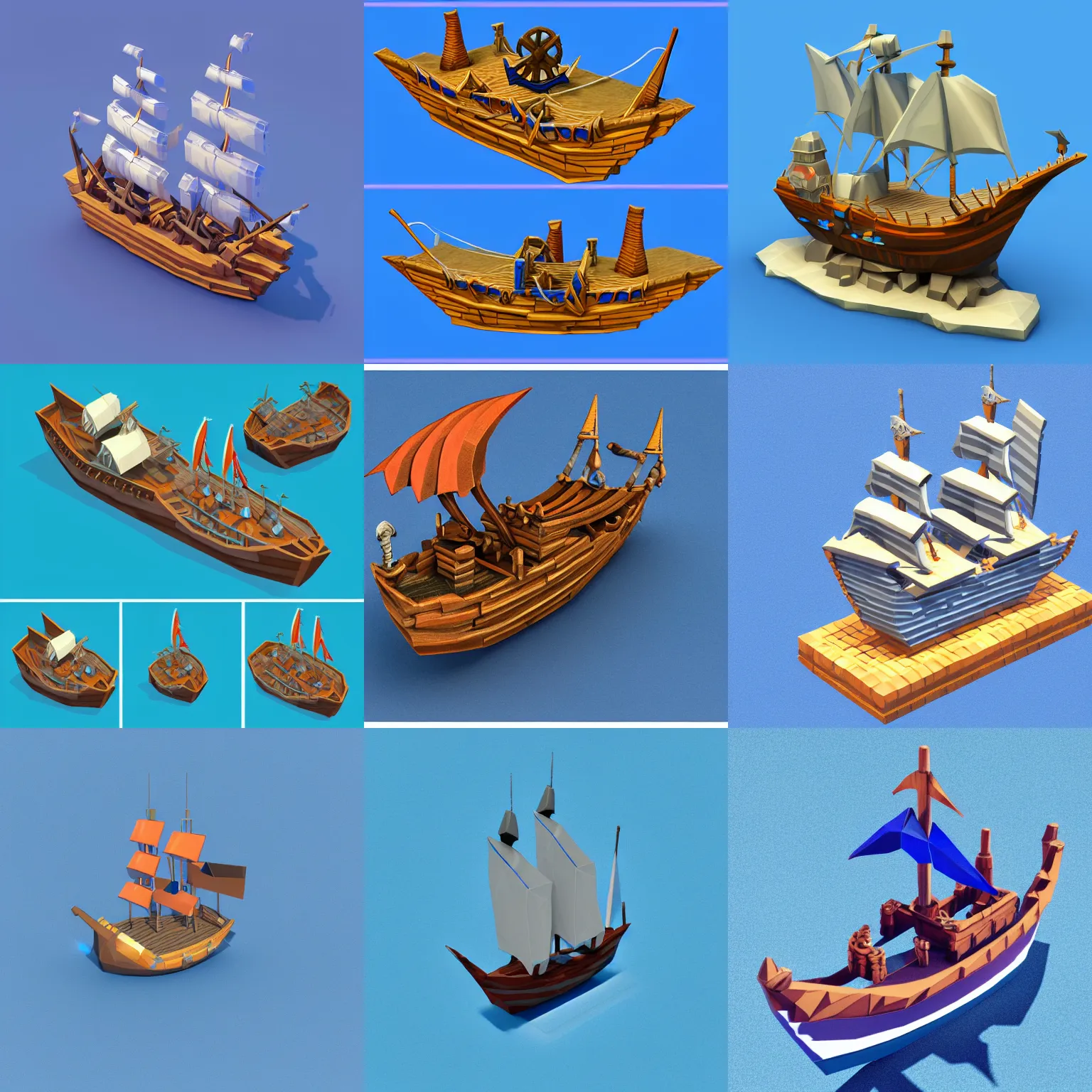 Prompt: a 3D lowpoly render of a pirateship, isometric view, blue background