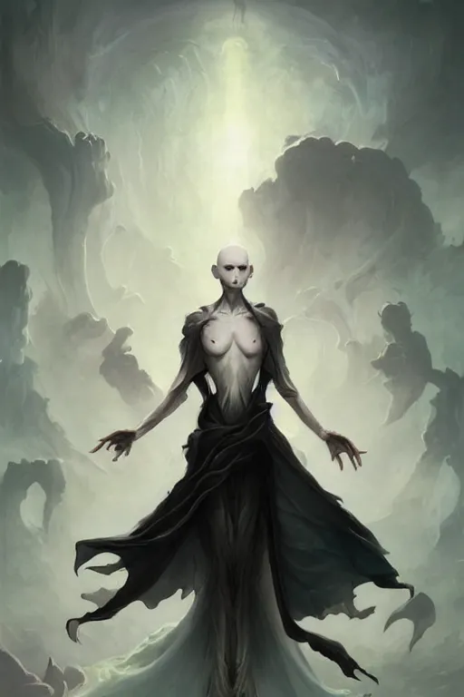 Image similar to a humanoid creature of pure imagination with pale white skin and a gaunt face. the creature is bald. it is wearing a black flowing cloak that looks like mist. art by peter mohrbacher.