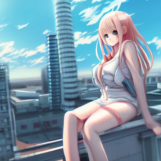 Prompt: giant 50 foot tall anime girl sitting on a building by wlop