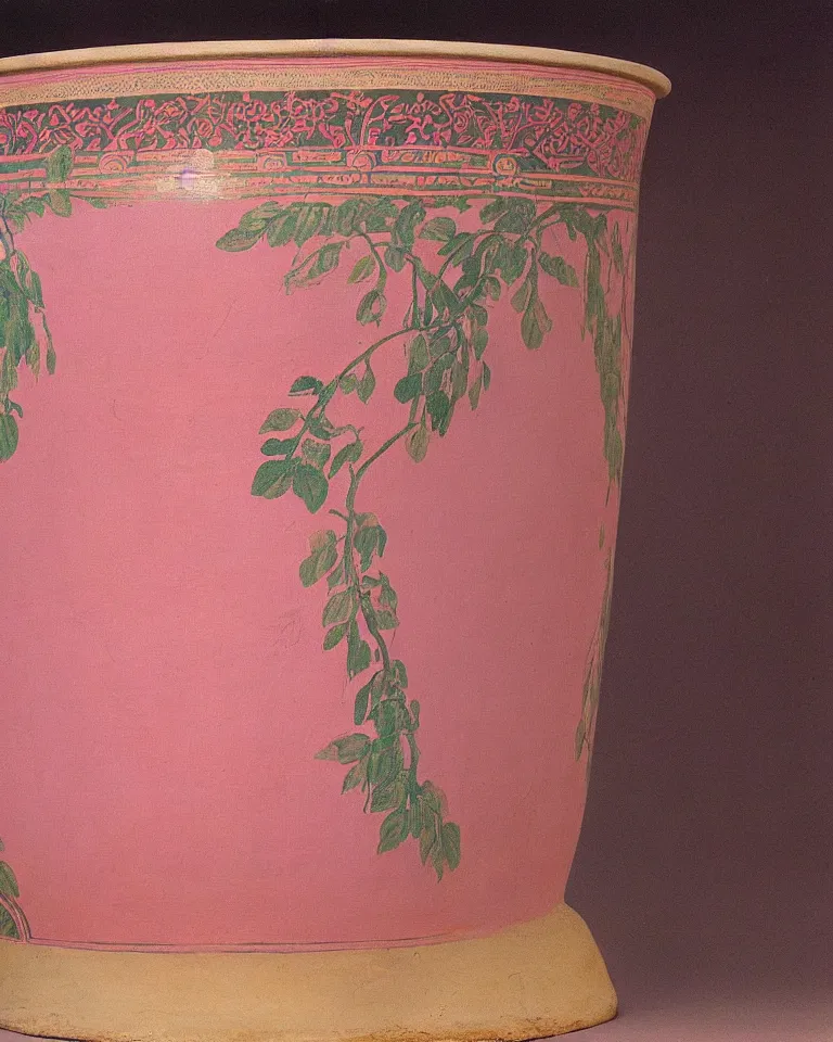 Image similar to achingly beautiful print of intricately painted ancient greek krater on a pink background by rene magritte, monet, and turner.