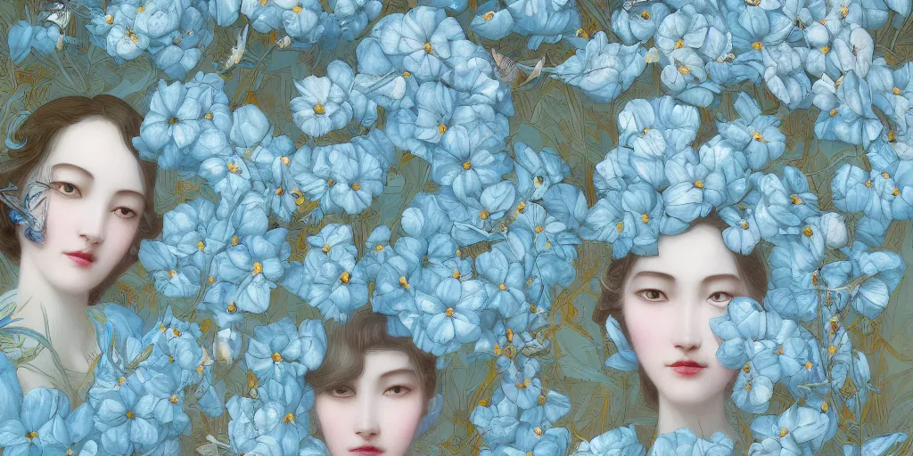 Image similar to breathtaking detailed concept art painting art deco pattern of faces goddesses of light - blue flowers with anxious piercing eyes and blend of flowers and birds, by hsiao - ron cheng and john james audubon, bizarre compositions, exquisite detail, extremely moody lighting, 8 k