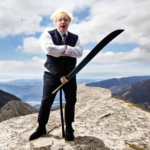 Image similar to Boris Johnson holding a sword standing on top of a mountain