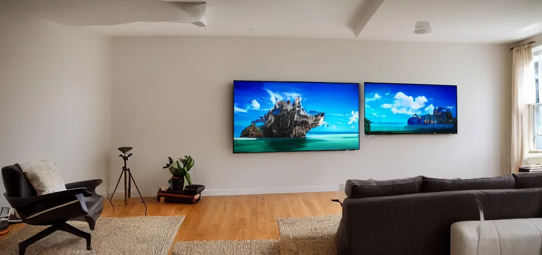 Image similar to a 1 0 0 inch crt monitor mounted on the wall of a living room being used as a tv