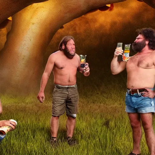 Image similar to caveman chugging a beer with joe rogan and alex jones frolicking around in a field of mushrooms smoking in real life, 8 k, 4 k uhd, realistic, hyper realistic, super detailed, very detailed, detailed