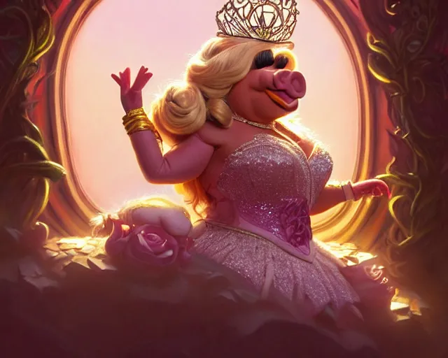 Prompt: miss piggy as miss universe, 8 k, deep focus, d & d, fantasy, intricate, elegant, highly detailed, digital painting, artstation, concept art, matte, sharp focus, illustration, hearthstone, art by artgerm and greg rutkowski and alphonse mucha