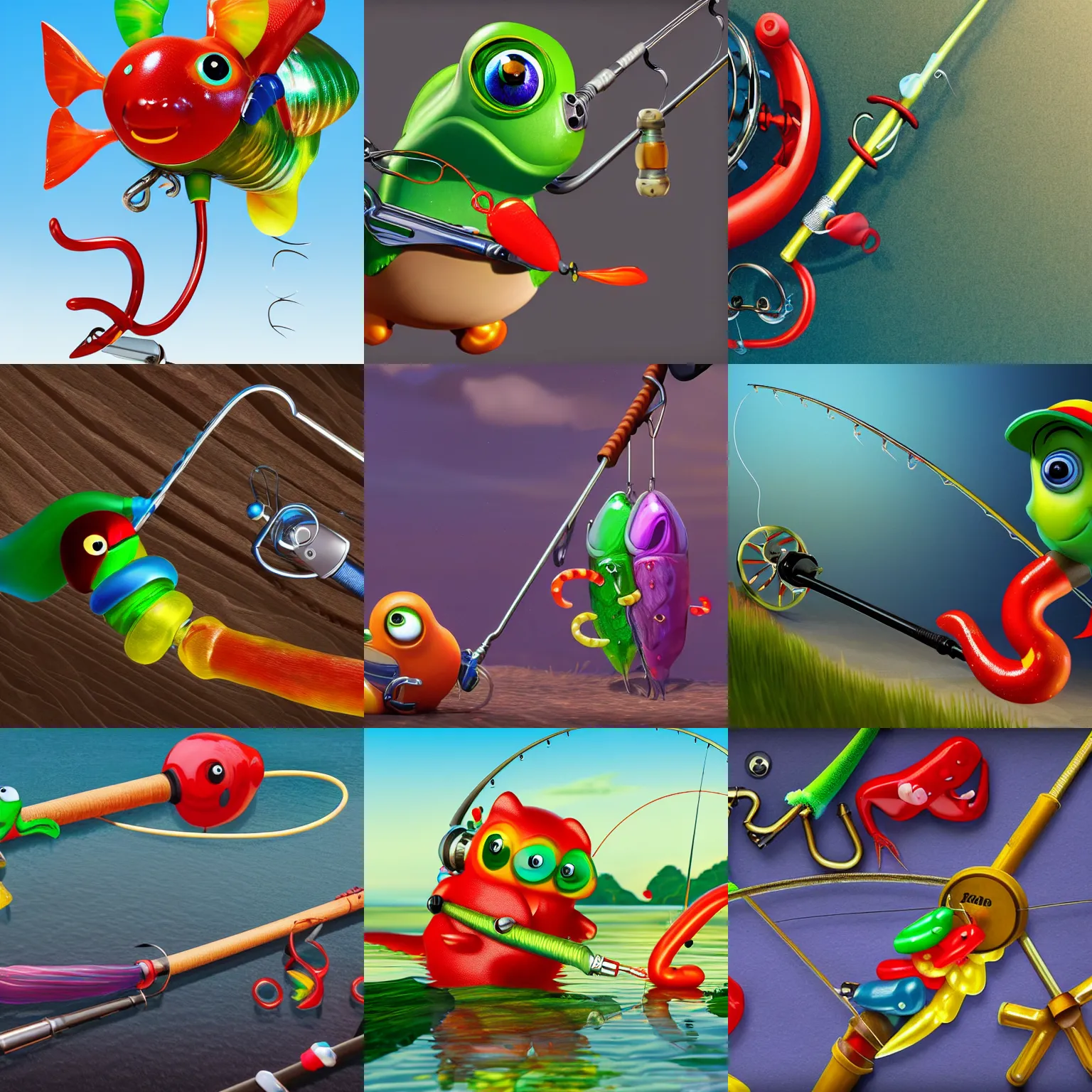 Prompt: a fishing rod and reel has a hook with gummi - worm attached as bait. digital art, hyperdetailed, 8 k, hd, pixar style