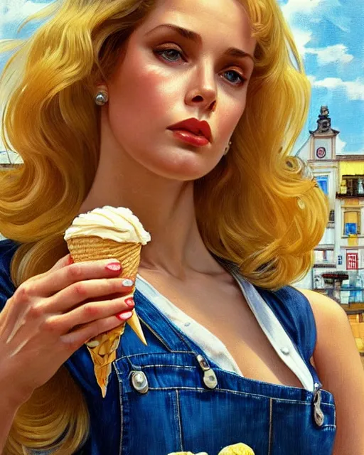 Image similar to portrait of a blonde fuller figured barbara bach from the bond film wearing dungarees and eating ice creams in porto, real life skin, intricate, elegant, highly detailed, artstation, concept art, smooth, sharp focus, art by artgerm and greg rutkowski and alphonse mucha