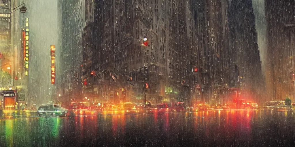 Image similar to a ultra photorealistic film still trough a raincovered window on a rainy but colourful day in new york. sparkling lights, wide shot, frog perspective, ultra sharp, wes anderson, studio ghibli, pixar and disney animation, octane render, anime key art by greg rutkowski, bloom, dramatic lighting