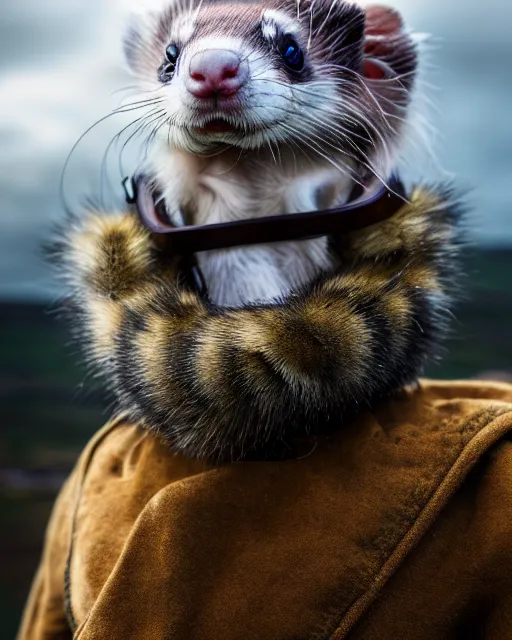 Image similar to ferret warrior, furry, fantasy, viking, high detailed, photography, cloudy, lightweight leather armour, scandinavia, plain, detailed face, look into the distance, serious face, full body, in helmet, in full growth, professional photographer, masterpiece, 5 0 mm, extremely detailed, digital art 8 k