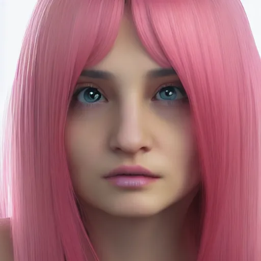 Image similar to A portrait of Nikki from Shining Nikki, a 3d cgi toon young woman with long pink hair, full bangs, amber eyes, pale skin, Chinese, medium shot, mid-shot, soft focus, 4k, trending on artstation