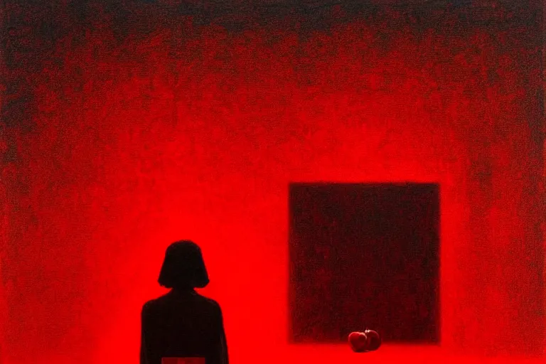 Image similar to only with red, a red shinigami eat apple, mars in background, an ancient path, in the style of beksinski, part by hopper, part by rodcenko, part by hofbauer, intricate composition, red by caravaggio, insanely quality, highly detailed, masterpiece, red light, artstation