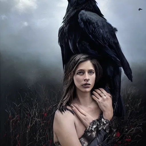 Image similar to morning, raven perching on the shoulder of a woman in a black dress. sun, cinematic, clouds, vogue cover style, contracting colors mood, realistic painting, intricate oil painting, high detail, figurative art, multiple exposure, poster art, 3 d, by simon bisley, ismail inceoglu, wadim kashin, filip hodas.