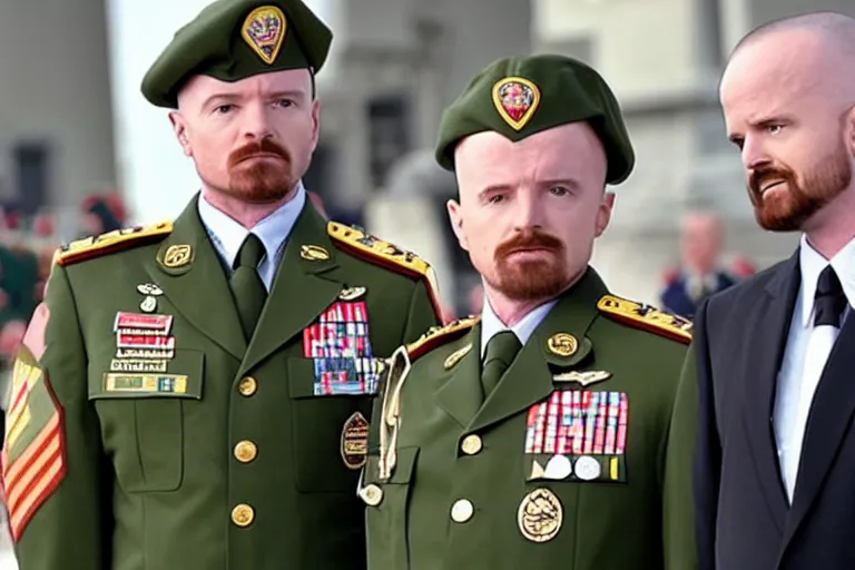 Prompt: A photo of Walter White as the supreme commander of the army standing at a military parade, with Aaron Paul standing next to him