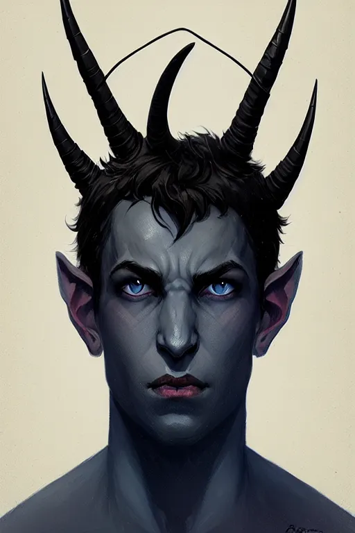 Image similar to character design portrait of a sad dark blue tiefling boy with horns and dark hair and pitch black hollow eyes, soft rounded face, black eyes black eyes by Greg Rutkowski, concept art, sharp focus, illustration, intricate, highly detailed