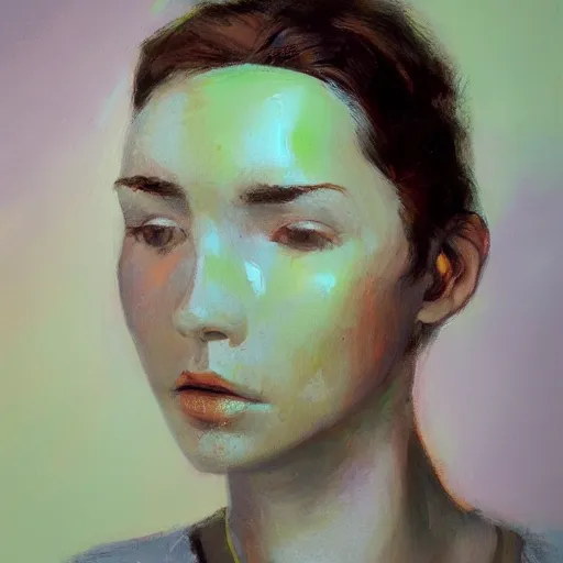 Image similar to woman with freckles, short brown hair, green eyes, wearing a grey sweatshirt, trending on artstation, oil painting, volumetric light