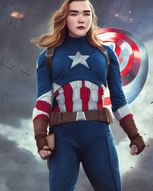 Image similar to 5 5 mm portrait photo of florence pugh as captain america. magical atmosphere. art by artgerm and greg rutkowski. highly detailed 8 k. intricate. lifelike. soft light. nikon d 8 5 0.