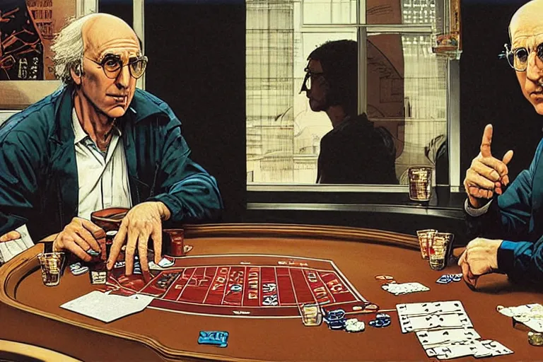 Image similar to larry david playing poker, very coherent, intricate design, painting by Laurie Greasley, part by Yoji Shinkawa, part by Norman Rockwell