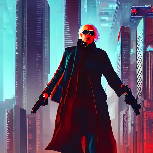 Image similar to cyberpunk bernie sanders as the leader of a futuristic communist nation, cybernetics, sharp lines, digital, artstation, colored in