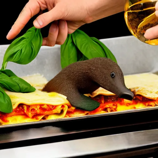 Image similar to platypus wearing a chef hat while cooking a lasagna with three basil leaves over the lasagna