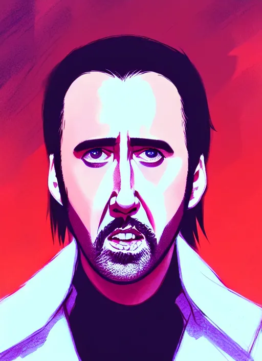 Prompt: portrait of nicolas cage from mandy, red sky background woodland landscape illustration concept art anime key visual trending pixiv fanbox by wlop and greg rutkowski and makoto shinkai and studio ghibli and kyoto animation