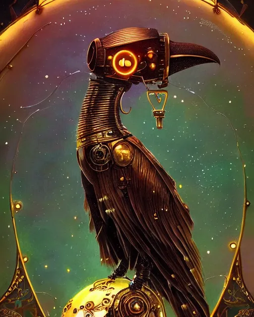 Prompt: a stunning fantasy portrait of an art - deco mechanical steampunk crow, closeup | highly detailed | very intricate | disney | artdeco steampunk | dramatic magical | bokeh moon stars | professional cinematic lighting | award - winning | painted by beeple and donato giancola and rhads | richcolor palette | featured on artstation