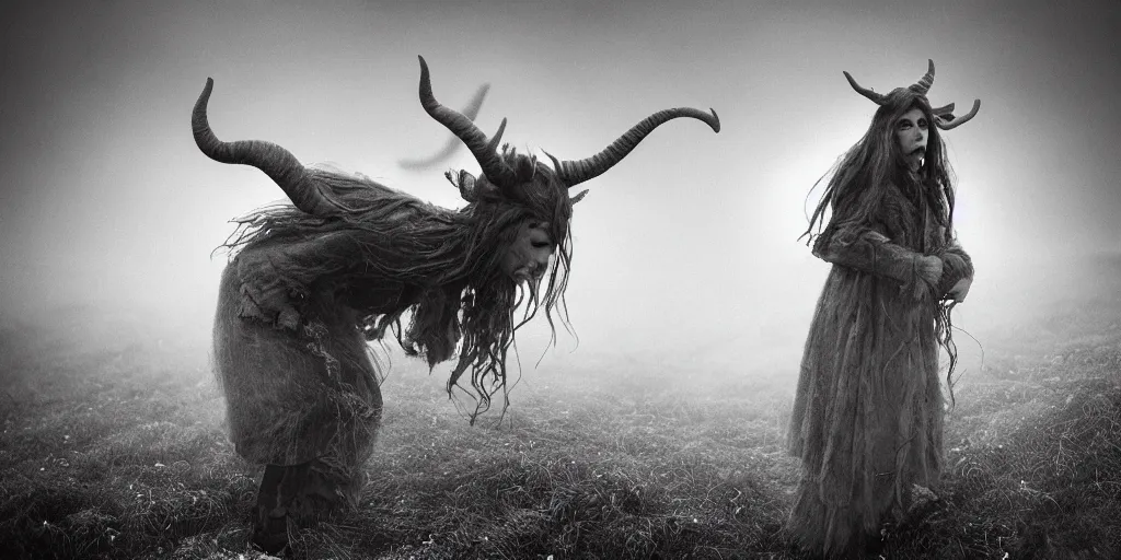 Prompt: portrait photography of flying tyrolean krampus alpine female farmer, hovering over the ground, horns on head, roots and edelweiss growing from head, fog foggy fog, clothes made from hay, desaturated, fog, witch, wicca, 1. 2 f, 3 5 mm, dark, eerie, 1 9 2 0 s ghost photography