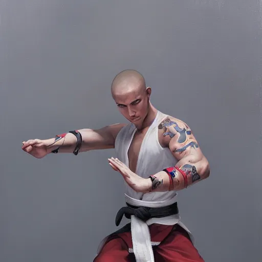 Image similar to A detailed matte oil on canvas painting of a young white male martial artist monk, orchid arm tattoos, fight stance by greg rutkowski and Charlie bowater, trending on artstationhd, dungeons and dragons art