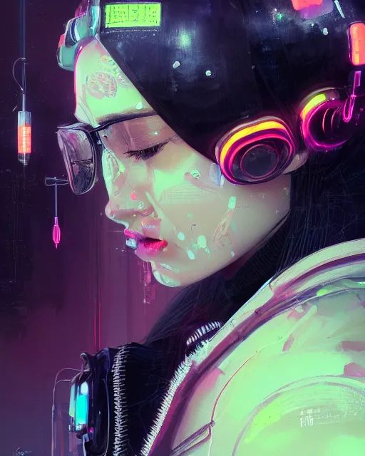 Image similar to detailed side profile portrait Neon Operator Girl, cyberpunk futuristic neon, reflective puffy coat, decorated with traditional Japanese ornaments by Ismail inceoglu dragan bibin hans thoma greg rutkowski Alexandros Pyromallis Nekro Rene Maritte Illustrated, Perfect face, fine details, realistic shaded, fine-face, pretty face