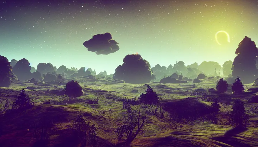 Image similar to beautiful landscape photography in the style of no man's sky, amazing view, afternoon
