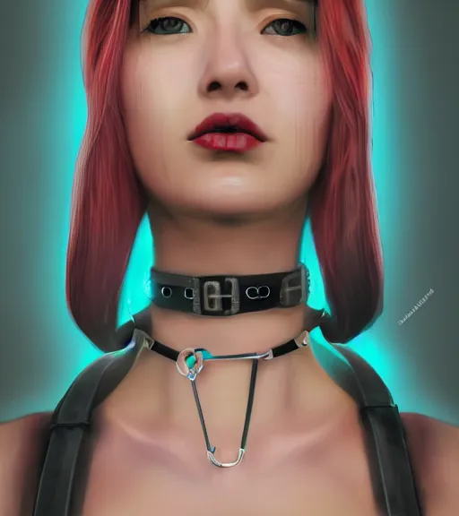 Image similar to detailed realistic female character cyberpunk wearing thick steel collar around neck, realistic, art, beautiful, 4K, collar, choker, collar around neck, punk, artstation, detailed, female, woman, choker, cyberpunk, neon, punk, collar, choker, collar around neck, thick collar, tight around neck, punk, choker