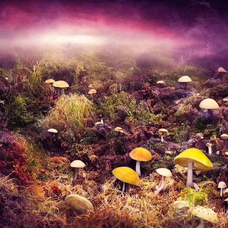 Image similar to a planet of various fungus, mushrooms and plants, inside the picture is infinity, sunset light, Atmospheric phenomenon, artistic photography, muted colors, conceptual, long exposure outside the city, volumetric light