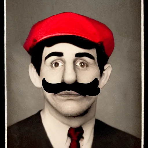 Image similar to photo of a dark haired man with long face, dark brown eyes and eyelashes, moustache, long nose, stubble wearing red newsboy cap like mario