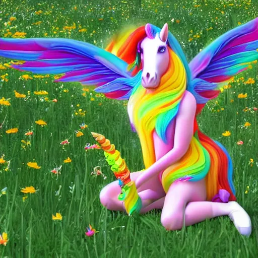 Image similar to a colorful unicorn with wings eating in a field of marijuana, photography, 8 k, highly detailed, ultra realistic, path traced