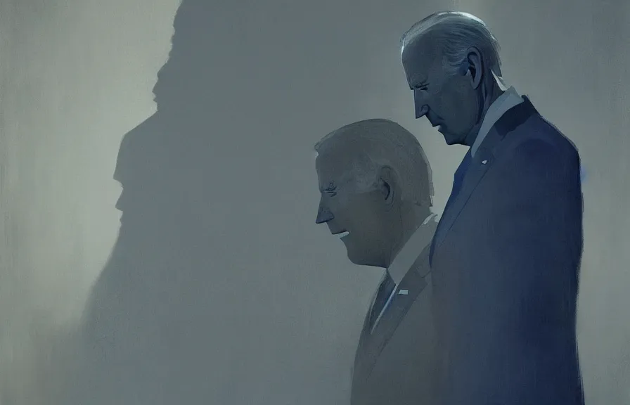 Prompt: Joe Biden casts a long shadow, by Greg Rutkowski and Dave McKean blue color palette