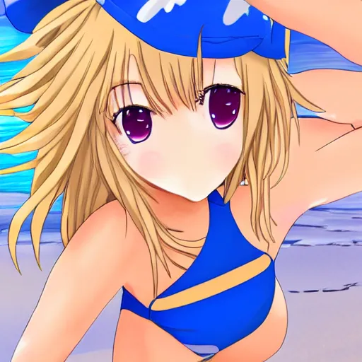 Prompt: anime visual of very cute girl with long blonde hair, at the beach in a blue bikini, highly detailed