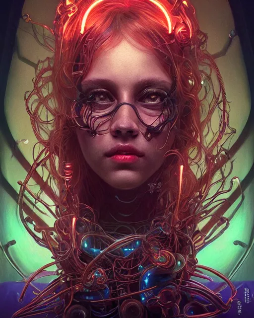 Prompt: portrait of a cute monster, male, bioluminescent, wires, horror, sweet, highly detailed, digital painting, cinematic, hyperrealism, dark retrowave, art by stanley lau and artgerm and magali villeneuve and alphonse mucha, artstation, octane render, cgsociety