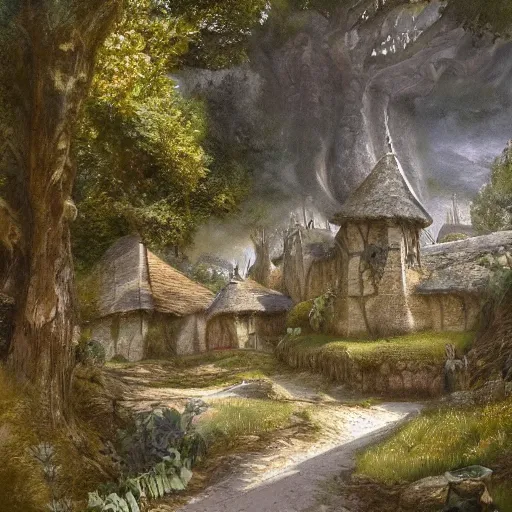 Image similar to a small fantasy village on the edge of the woods, by alan lee, lord of the rings, smooth, detailed terrain, oil painting, matte painting, concept art, trending on artstation