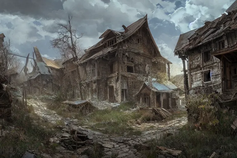 Image similar to dramatic photo of an abandoned village in the Russian outback, highly detailed, digital painting, artstation, concept art, smooth, sharp focus, illustration, art by tian zi and WLOP and alphonse mucha