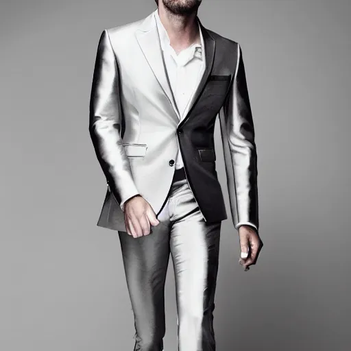 Prompt: a model wearing an impressive shining suit, photograph, clothing model