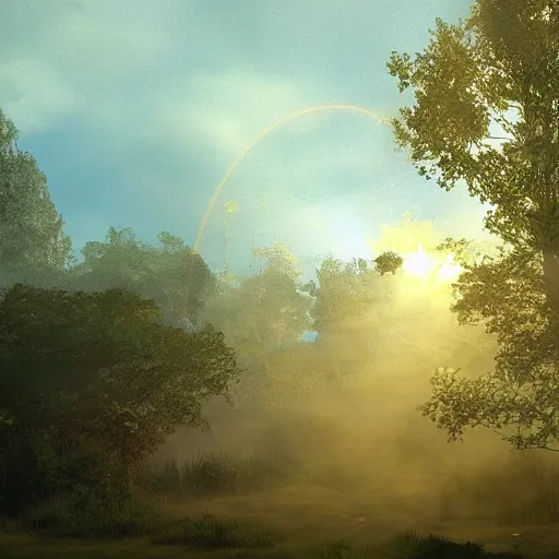 Image similar to warhammer, volumetric lighting, dew, spring evening, clear weather, realistic illustration, golden hour, perfectly shaded, soft painting