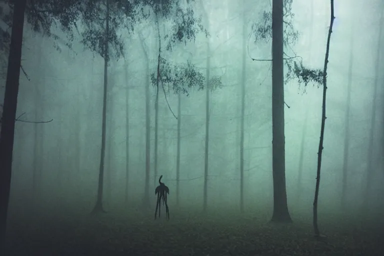 Prompt: a close shot of an ominous alien being standing in a forest, detailed, mythical, mist, depressing, tired, dark, lush, nature, mist, mystery, glows, somber, dismal, fog, heavy fog, dark lighting, rim light, glow, ambient light,