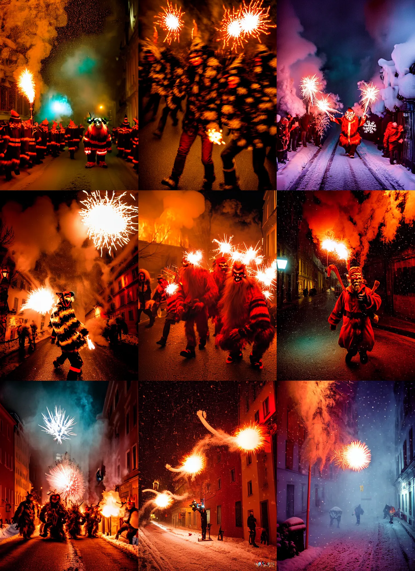 Image similar to kodak portra 4 0 0, winter, snowflakes, hellfire chaos, award winning dynamic photo of a bunch of hazardous krampus between exploding fire barrels by robert capas, motion blur, in a narrow lane in salzburg at night with colourful pyro fireworks and torches, teal lights